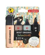 4 marcadores Stabilo Boss Nature Colors. Estuche que incluye 4 colores: beige, gris cálido, verde tierra y negro.