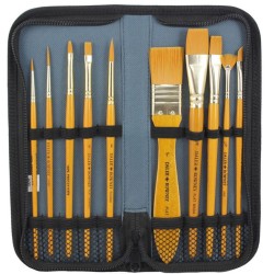 Daler Rowney Juego de 10 pinceles acrílicos Taklon dorados con cremallera