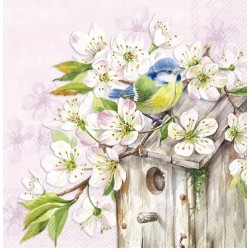 Servilleta 33cmx33cm-CASA PARA PÁJAROS EN FLOR DE CEREZO rosa