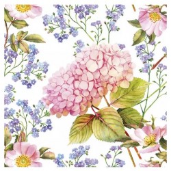 Servilleta 33cmx33cm Hortensia rosa y flores no me olvides