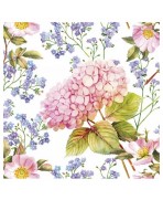 Servilleta 33cmx33cm Hortensia rosa y flores no me olvides