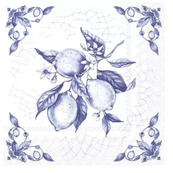Servilleta 33cmx33cm- LIMÓN SOBRE AZULEJO blanco azul