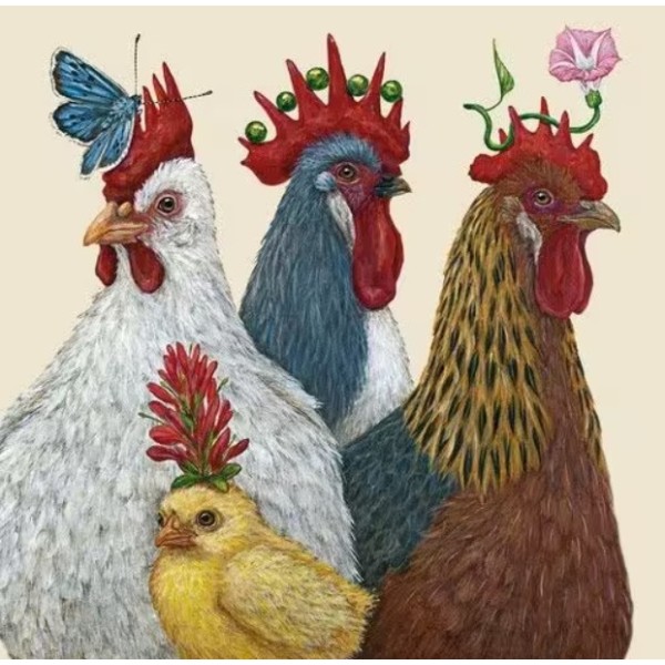 Servilletas 33x33 cm  Familia de gallinas con tocados