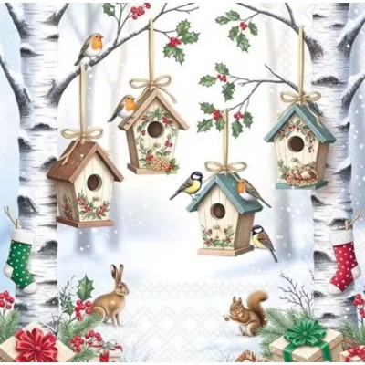 Servilletas 33x33 cm casitas para pájaros en un bosque invernal