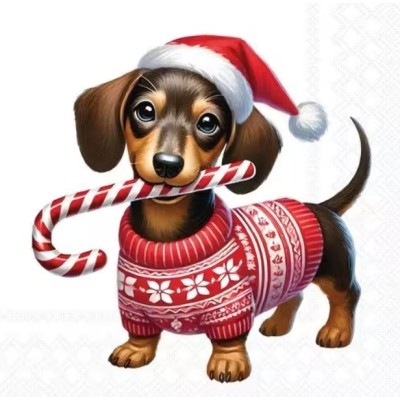 Servilletas 33x33 cm Perro salchicha navideño con bastón de caramelo