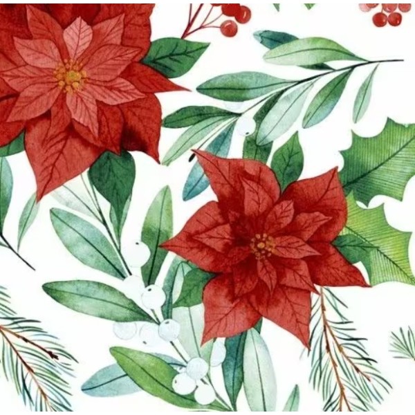Servilletas 33x33 cm Flor de Pascua roja con hojas