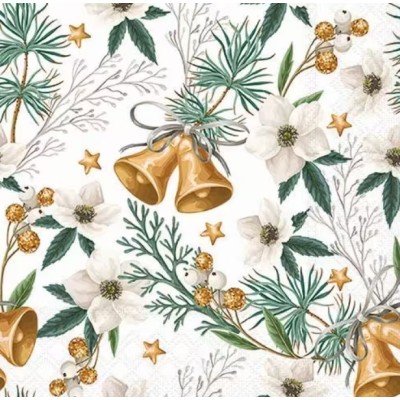 Servilletas 33x33 cm  Rosas y campanas blancas de Navidad