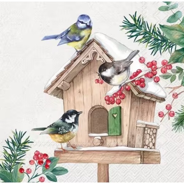 Servilletas 33x33 cm  Aves en la casita de invierno