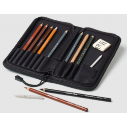 Estuche esbozo de naylon negro con cremallera y compartimentos.