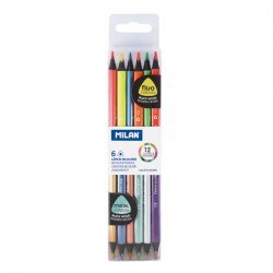Blister con 6 lápices bicolores triangulares Milan fluo y metalizados