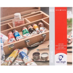Set de pinturas acrílicas en una caja de madera básica con 10 colores en tubos de 40 ml + accesorios