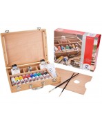 Set de pinturas acrílicas en una caja de madera básica con 10 colores en tubos de 40 ml + accesorios