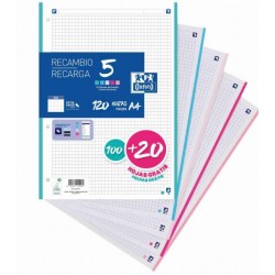 Recambio  5 Colores pastel, Din-A4 120H 4T 90 gr. Cuadros 5 mm OXFORD.