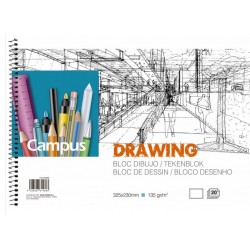 Bloc de dibujo con recuadro y espiral marca Campus, 20 hojas. Papel de color blanco natural 135gr. Tamaño 32,5x23cm.