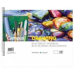 Bloc de dibujo liso 135 gr. y con espiral marca Campus, 20 hojas. Papel de color blanco natural.  Tamaño 32,5x23cm.