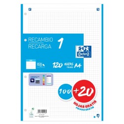 RECAMBIO OXFORD SCHOOL COLOR 1 A4 120h (100+20) 90gr 4 TALADROS CUADRIC.5x5