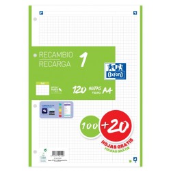 RECAMBIO OXFORD SCHOOL COLOR 1 A4 120h (100+20) 90gr 4 TALADROS CUADRIC.5x5